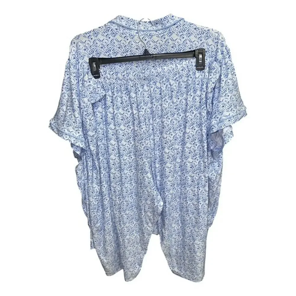 Croft & Barrow 4X Pajamas Blue Crop Capri Pants Collar Button-Up Pockets Stretch
